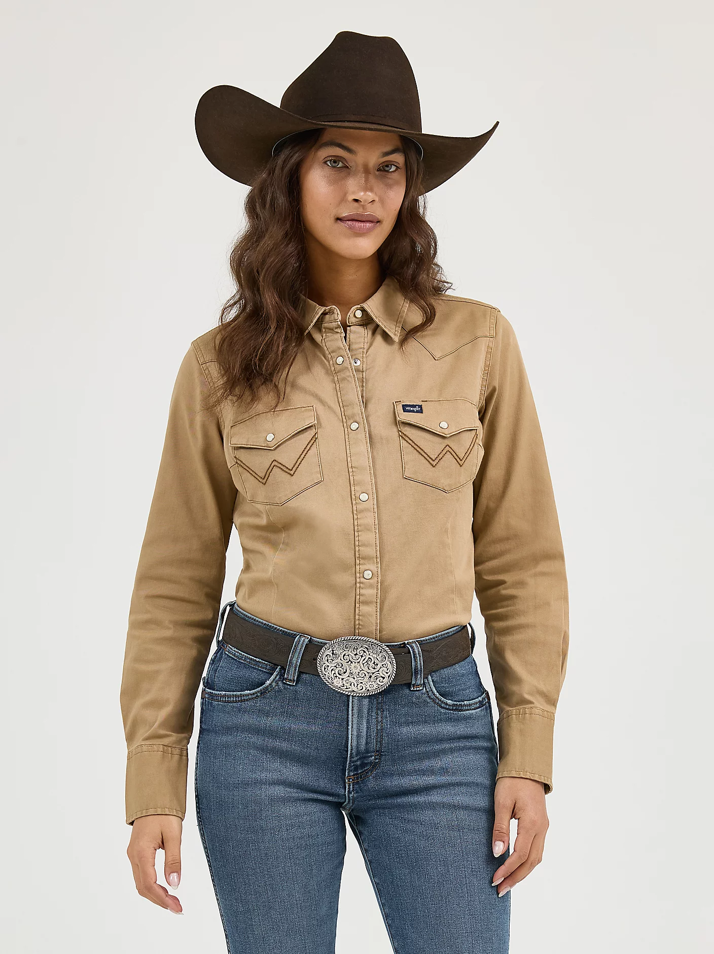 Women's Long Sleeve Western Snap with Front and Back Yokes Solid Top